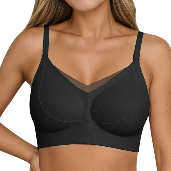 khonts,Women Seamless Breathable Full Coverage Bras Mesh Splicing Push up Bra Thin Comfort Support No Underwire Bralettes Black M