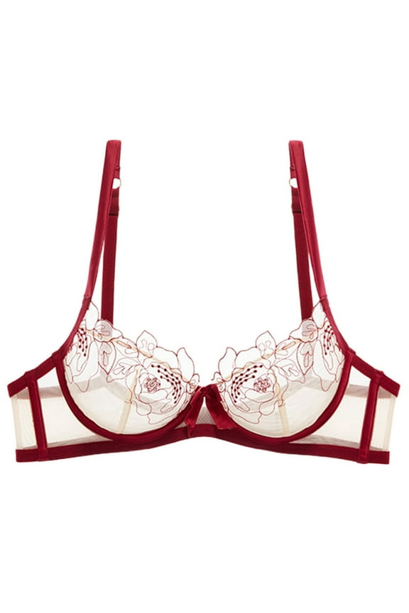 ,Women's 3/4 Cup Underwire Sexy Bra Embroidery Demi See Through Bras Push up Mesh Sheer Unlined Bralettes Red 38