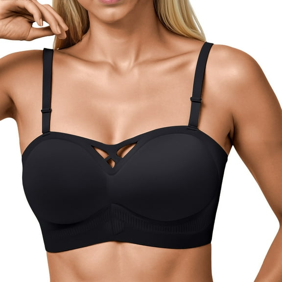 khonts,Women's Bandeau Bras Padded Strapless No Underwire Bralettes Seamless Push up Tube Top Thin Non-slip Bra Black M