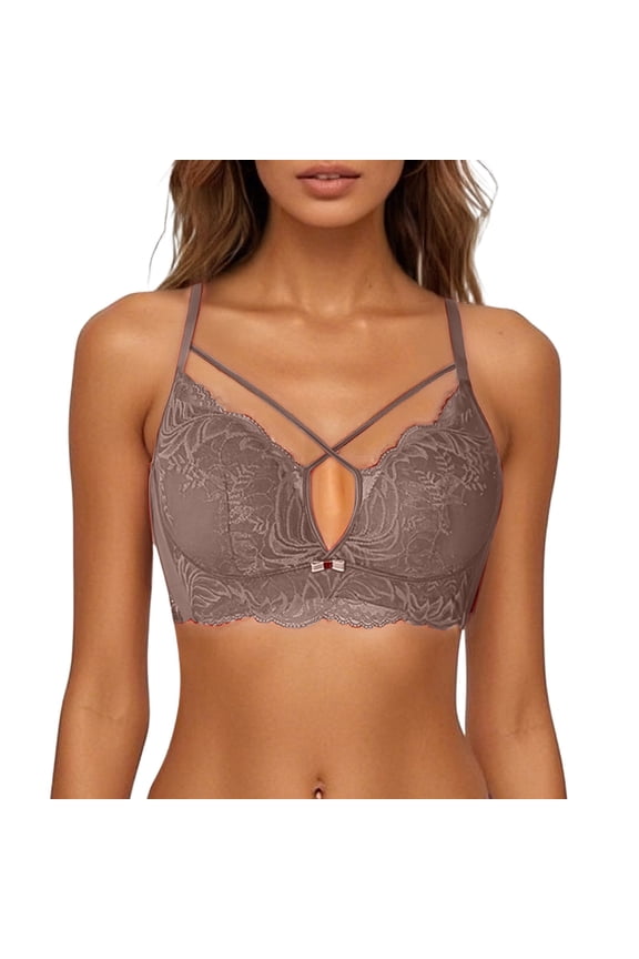 ,Women's Criss Cross Lace Wireless Bra Spaghetti Strap Hollow out Bralettes Push up Support Camisole Coffee 34