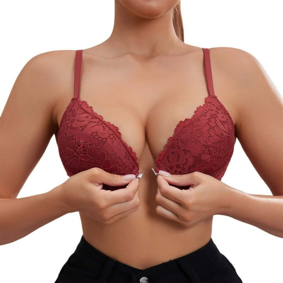 khonts,Women's Deep Plunge Lace Bras Sexy Front Hook Closure Scalloped Push up Bra Breathable Underwire Support Comfort Bralettes Red 34