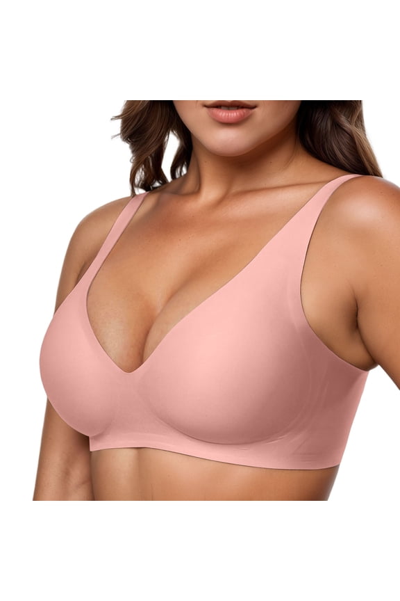 ,Women's Deep V Neck Padded Cups Wireless Bras Full Coverage Bra Push up Super Gathering Seamless Smoothing Bralettes Pink S