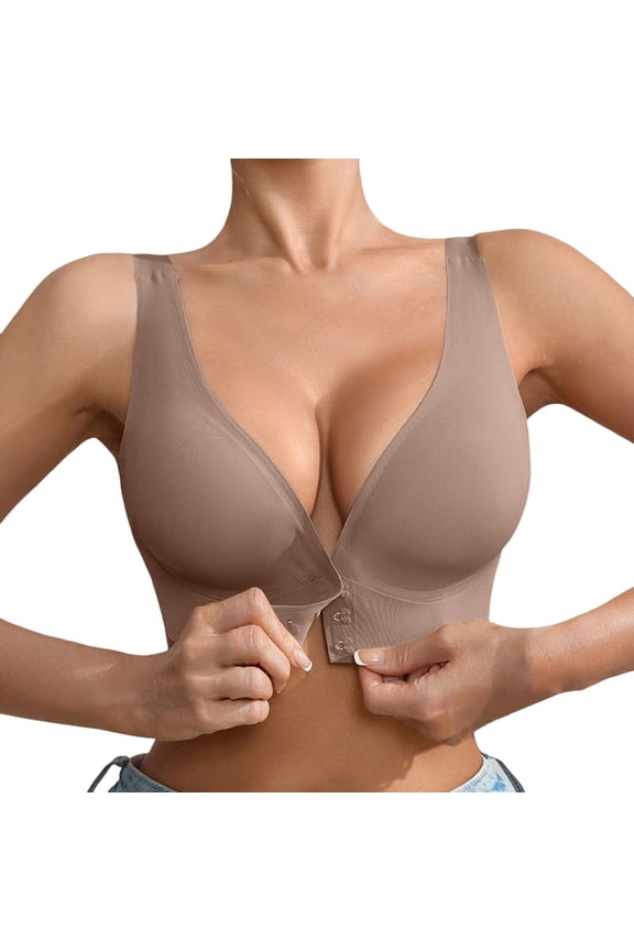 ,Women's Deep V Seamless Bras No Underwire Front Hook Closure Plunge Bra Wireless Comfy Padded Push up Bralettes Coffee XL