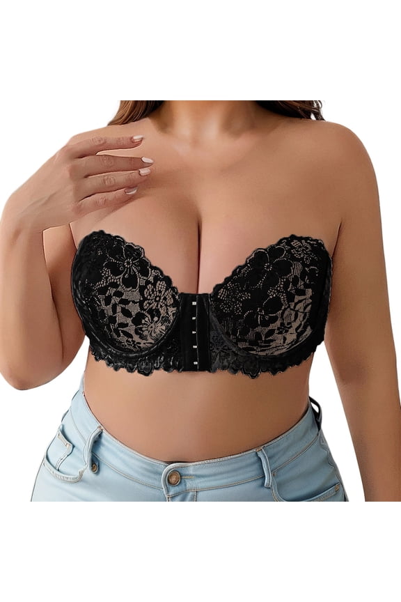 ,Women's Floral Lace Strapless Bras Front Closure Scallop Trim Bralettes Non- Large Bust Gather Underwire Bandeau Tube Tops Black 95F