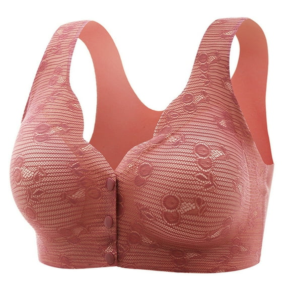 khonts,Women's Front Closure Daisy Support Bras Wireless Lace Soft Bra Everyday Comfy Breathable Bralettes for Older Women Brown L