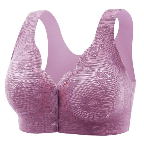 khonts,Women's Front Closure Daisy Support Bras Wireless Lace Soft Bra Everyday Comfy Breathable Bralettes for Older Women Purple L