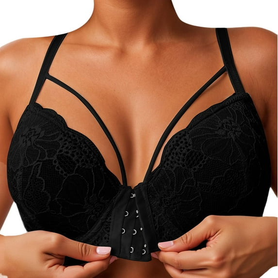 khonts,Women's Front Closure Supportive Full Coverage Bras Stylish Lace Lingerie Everyday Comfort Bralettes Black 105F