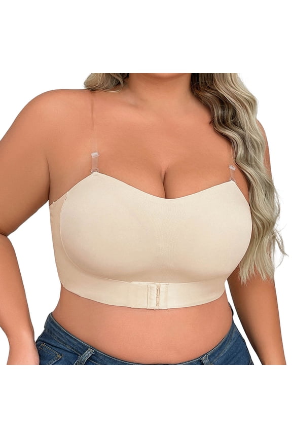 ,Women's Front Hook Closure Bras Oversized Non- Push up Bandeau Bra Strapless Breathable Comfort Large Tube Top Beige XL