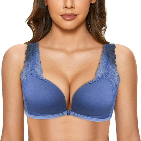 khonts,Women's Front Hook Closure Lace Bras Lace Seamless Wireless Full Coverage Bra Soft Push up Support Bralettes blue B