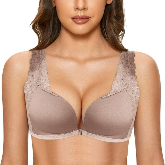 khonts,Women's Front Hook Closure Lace Bras Lace Seamless Wireless Full Coverage Bra Soft Push up Support Bralettes brown D