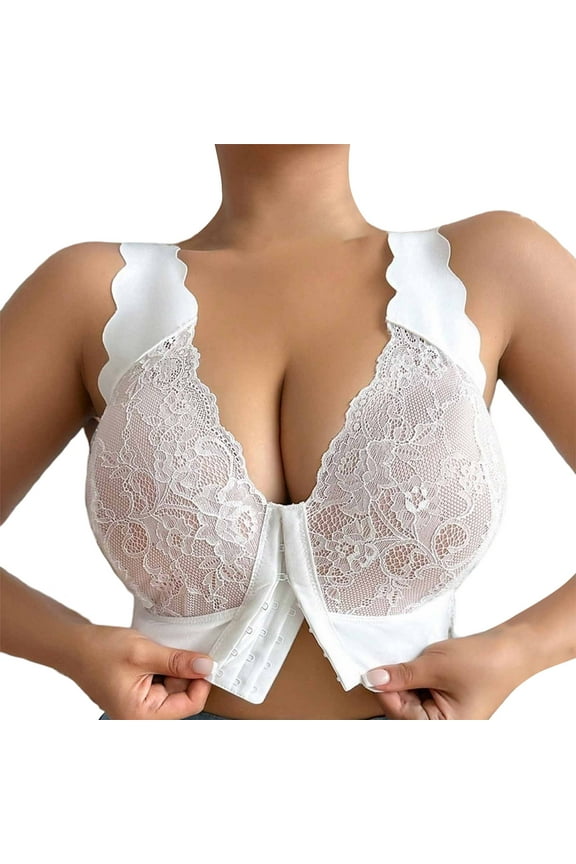 ,Women's Front Hook Closure Lace Bras Sexy Plunge Non- Bra Wide Strap Comfortable Bralettes White 95F