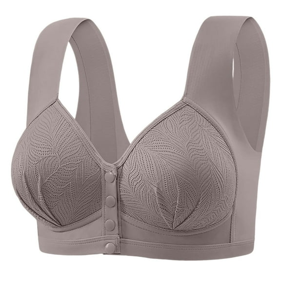 khonts,Women's Front Hook Closure Lace Seamless Bras Wireless Comfort Wide Strap Bra Push up Full Coverage T Shirts Bralettes Light Gray 44