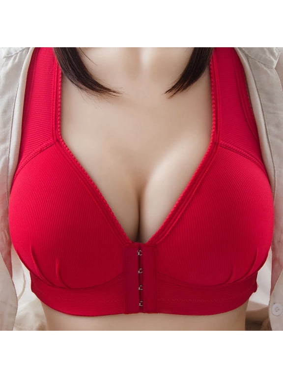 ,Women's Front Hook Closure Oversized Bras Wireless Full Coverage Push up Bra Seamless Support Breathable Soft Bralettes Red 40