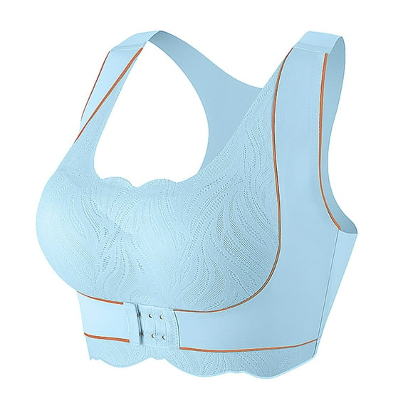 khonts,Women's Front Hook Closure Posture Corrector Bras Full Coverage Compression Dual Support Bra Wireless Soft Bralettes Blue L