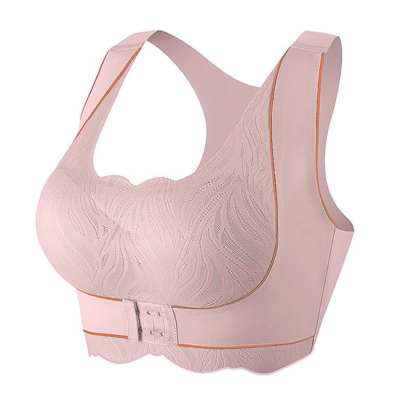 khonts,Women's Front Hook Closure Posture Corrector Bras Full Coverage Compression Dual Support Bra Wireless Soft Bralettes Pink XL