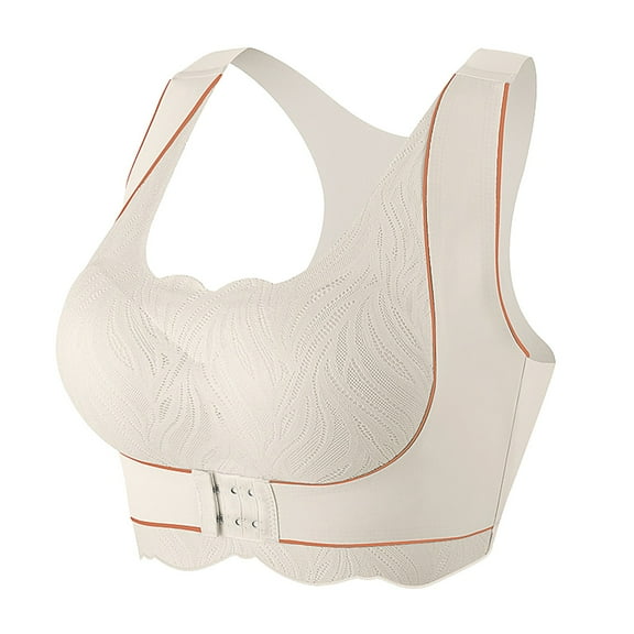 khonts,Women's Front Hook Closure Posture Corrector Bras Full Coverage Compression Dual Support Bra Wireless Soft Bralettes White M