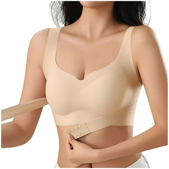 khonts,Women's Front Hook Closure Seamless Bra Support Wide Strap Bra Seamless Comfy Bra Khaki M