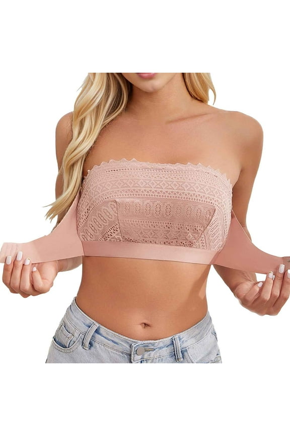 ,Women's Front Hook Closure Sexy Bandeau Solid Color Lace Tube Top Strapless Seamless Bralette Light Pink M