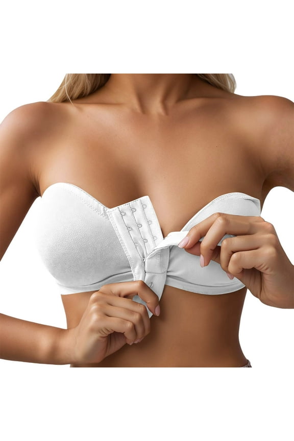 ,Women's Front Hook Closure Strapless Bras Push up Bandeau Wireless Anti- Seamless Full Coverage Everyday Supportive Bralettes White M