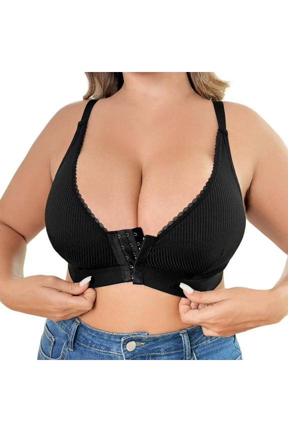 ,Women's Front Hook Closure Wireless Bras Seamless Demi Support Bralettes Comfort Large Bust Bra Black XXXL