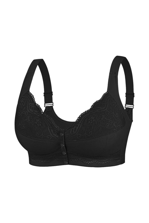 ,Women's Front Snap Closure Bras Adjustable Strap Lace Soft Bra Breathable Push up Support Lift Bralettes for Large Breast Black S