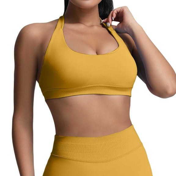khonts,Women's Halter Sports Bras Backless Workout Bra Seamless Open Back Strappy Yoga Crop Tops Yellow M