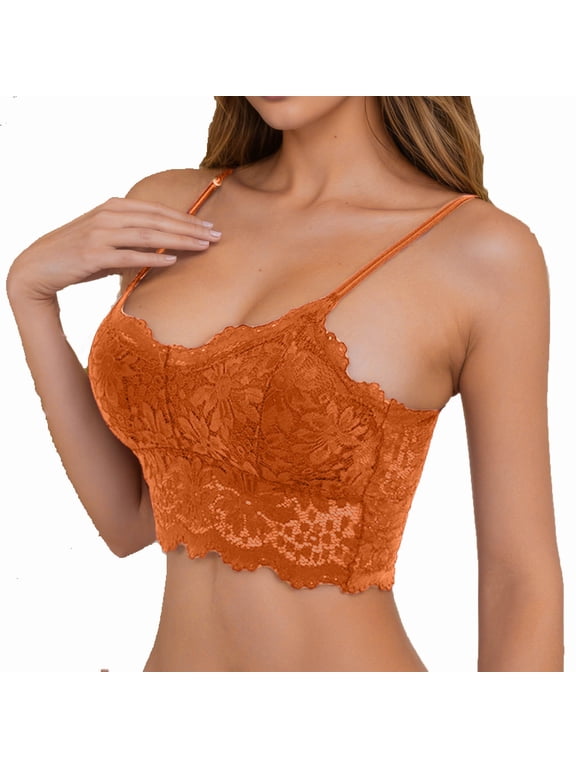 ,Women's Lace Bra Spaghetti Strap Tank Tops Slim Fit Camisole Sexy Soft Bandeau Crop Top Orange S