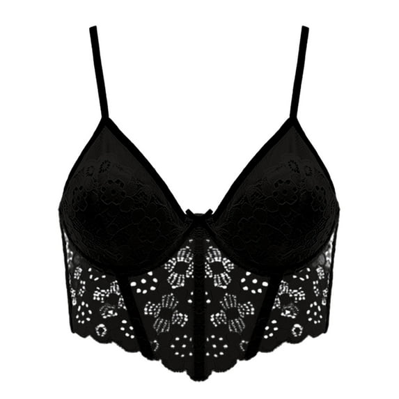 khonts,Women's Lace Floral Spaghetti Strap Bustier Lace Trim Underwire Corset Sexy Cute Non- Camisole Bras Black 34