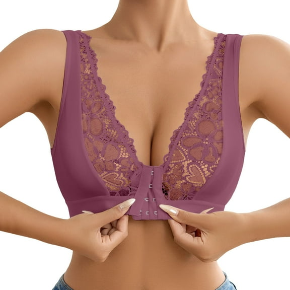 khonts,Women's Lace Front Hook Closure Bras Wireless Push up Bra No Padded Gathering Bralettes Purple M