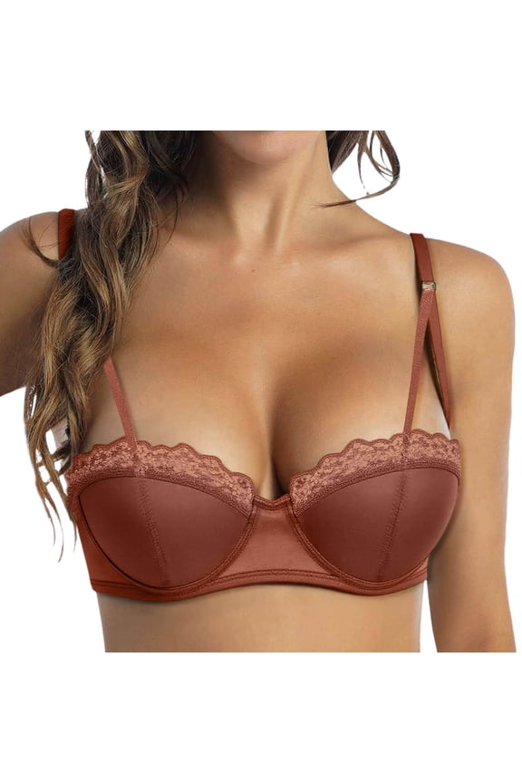 ,Women's Lace Splicing Half Cup Bra Underwire Unlined Demi Sheer Bras Sexy Gathering Bralettes Brick Red 80-L