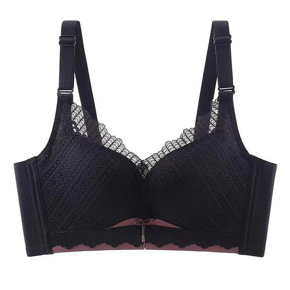 khonts,Women's Lace Wireless Gathering Bras Seamless Soft Bralettes V-Neck Full Coverage Push up Adjustable Strap Bra Black 85B