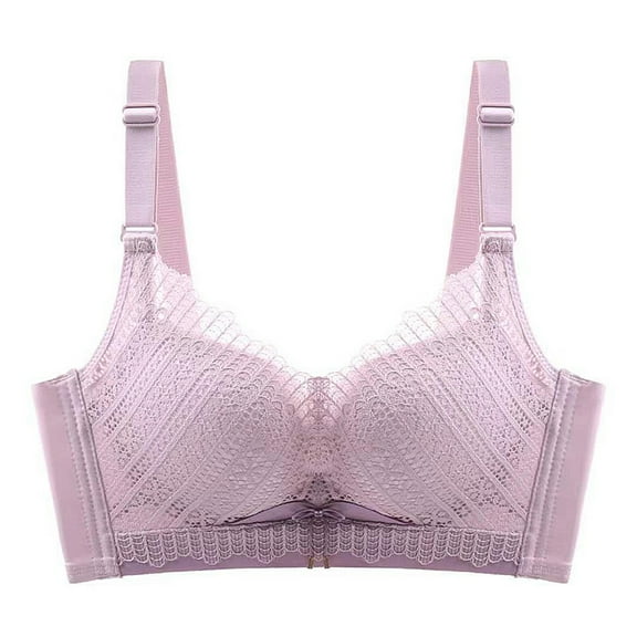 khonts,Women's Lace Wireless Gathering Bras Seamless Soft Bralettes V-Neck Full Coverage Push up Adjustable Strap Bra Purple 80B