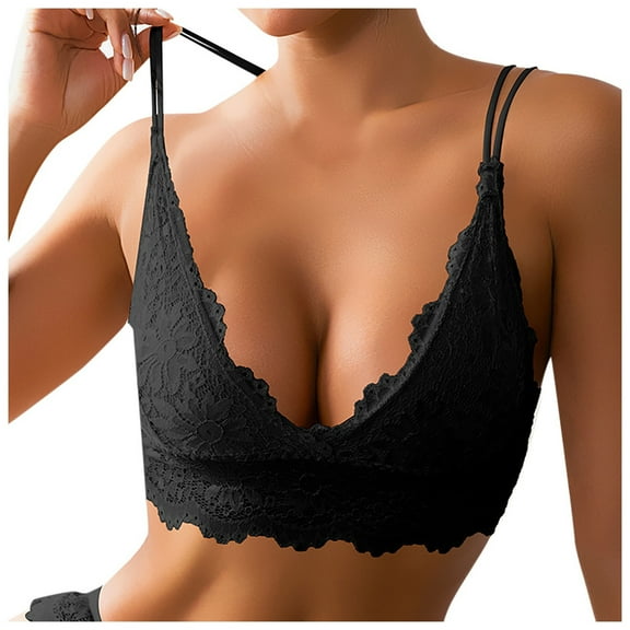 khonts,Women's Lace Wireless V Neck Camisole Supportive Push up Lush Lift Crop Top Spaghetti Strap Thin Pad Bras Black M