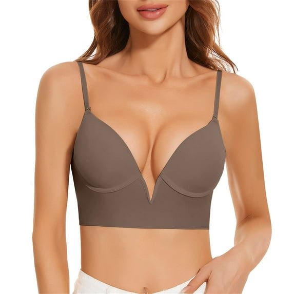 khonts,Women's Low Back Deep-V Plunge Bras Seamless Invisible Backless Bralettes No Underwire Lightly Lined Halter Multiple Way Low Cut Lingerie Coffee 34