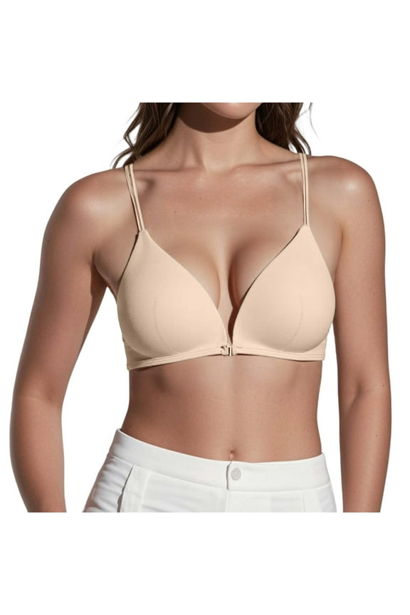 ,Women's Low Support Triangle V Neck Bras Front Closure Strappy Training Bra Padded Wireless Bralettes Beige XL