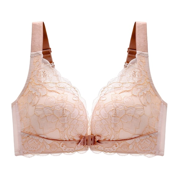 khonts,Women's Oversized Front Hook Closure Bras Push up Wireless Elegant Bra Padded Lace Sexy Lift Support Bralettes Khaki 42