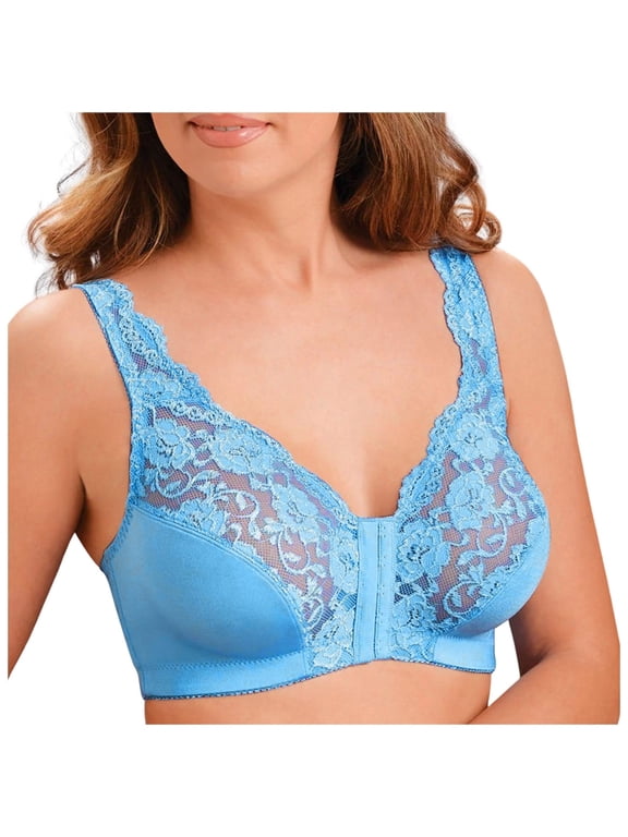 ,Women's Oversized Full Coverage Wireless Bra Front Closure with Gel Straps Comfort Support Bralettes for Everyday Wear Blue L