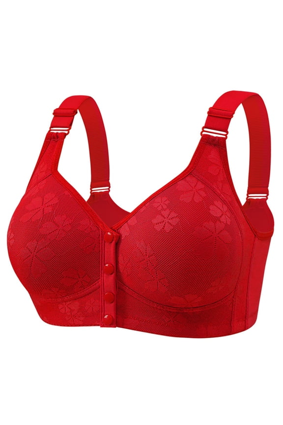 ,Women's Plus Size Daisy Front Closure Bras Comfy Push up No Underwire Supportive Seniors Bralettes for Older Women Red 50