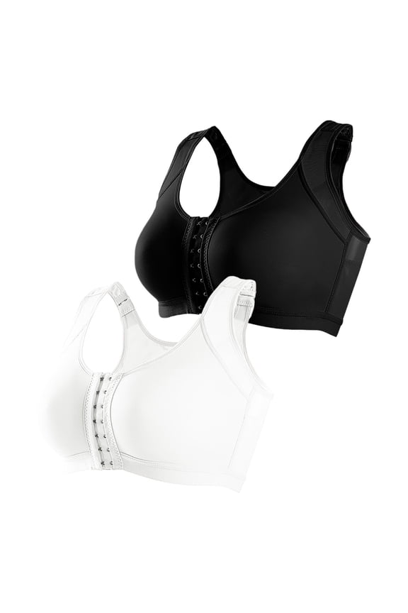 ,Women's Post Surgery Compression Sports Bra Front Closure Wireless Perfect for Breast Augmentation & Close Fitting Pack of 2 BK2 L