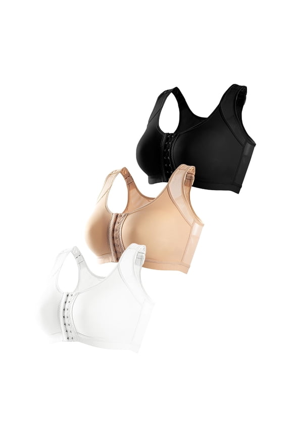 ,Women's Post Surgery Compression Sports Bra Front Closure Wireless Perfect for Breast Augmentation & Close Fitting Pack of 3 Khaki XXL