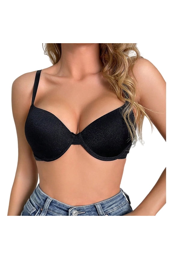 ,Women's Push up Bras Demi Bra Half Cup Padded Sexy Plunge Smooth Underwire Bralettes Black 75B