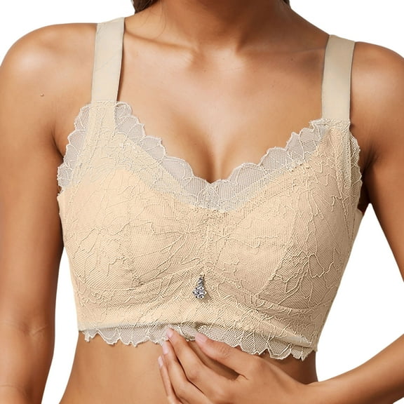 khonts,Women's Push up Deep V Bra Supportive Wireless Lace Floral Bra Sexy Padded Adjustable Straps Longline Bralettes Beige 36