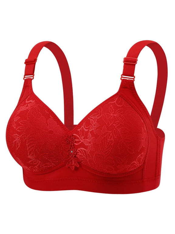 ,Women's Push up Full Coverage Supportive Bras Push up Wireless Breathable Bra Lift Lace Gathering Bralettes Red 38