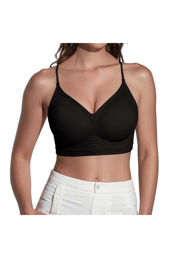 ,Women's Push up V Neck Seamless Bras Gathering Triangle Cup Wireless Bralettes No Underwire Comfort Backless Bra Black M