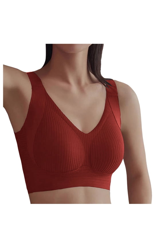 ,Women's Ribbed Push up Adjustable Wide Strap Bras Wireless Lush Fitting Bra Powerful Push up Seamless Bralettes Red L