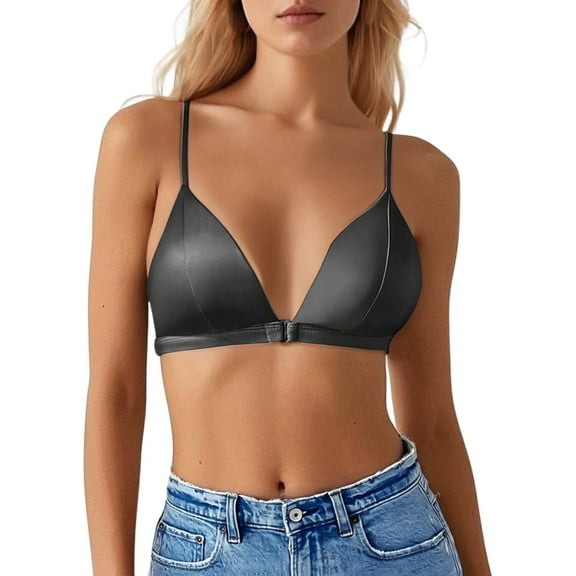 khonts,Women's Satin Front Hook Closure Bras Triangle Thin Pad Soft Bra Wireless Spaghetti Strap Bralette Black XL