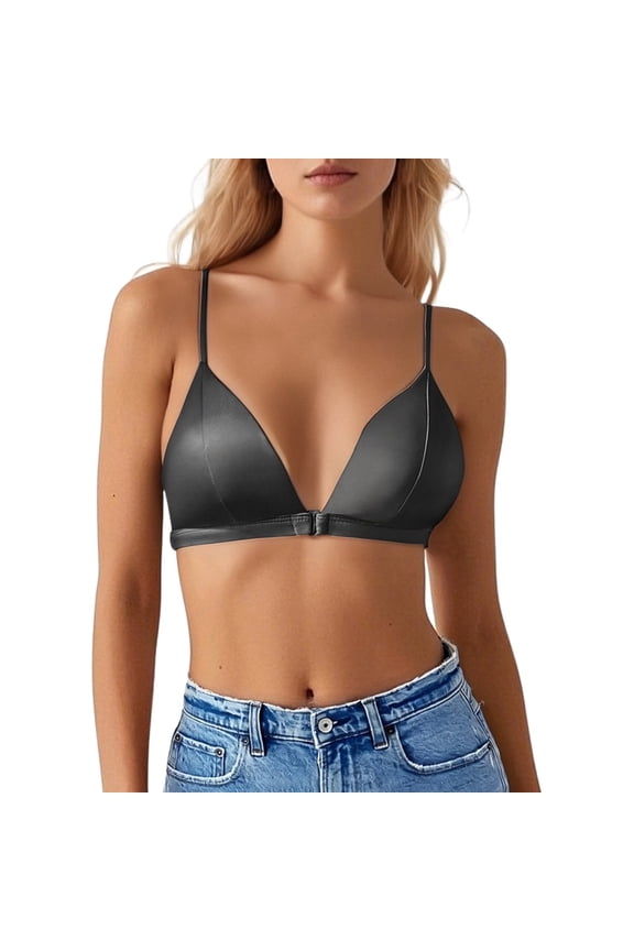 ,Women's Satin Front Hook Closure Bras Triangle Thin Pad Soft Bra Wireless Spaghetti Strap Bralette Black XL