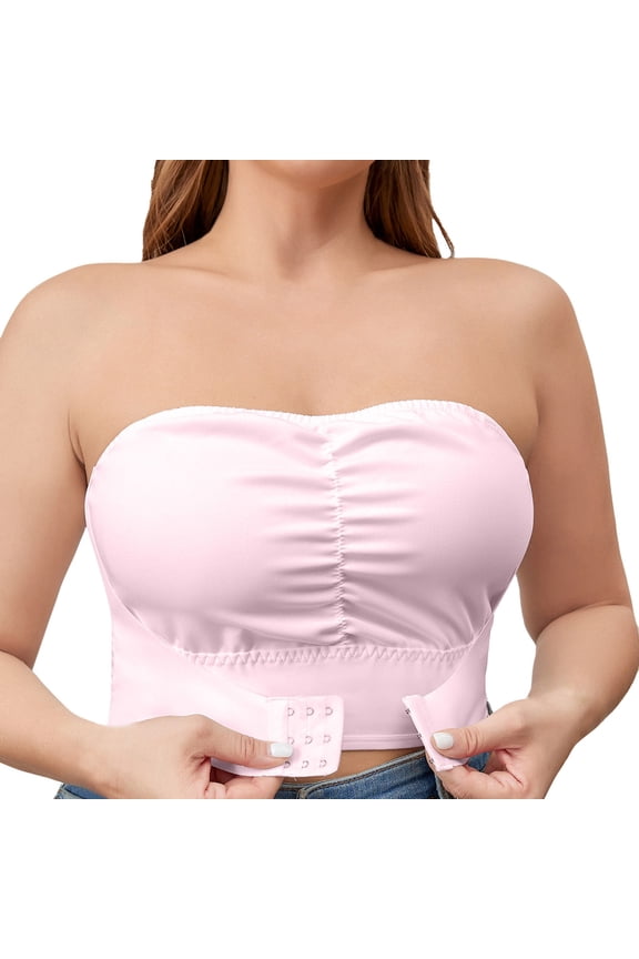 ,Women's Seamless Front Hook Closure Bandeau Non- Padded Bras Comfort Bralettes Sexy Removable Strap Tube Tops Light Pink XL