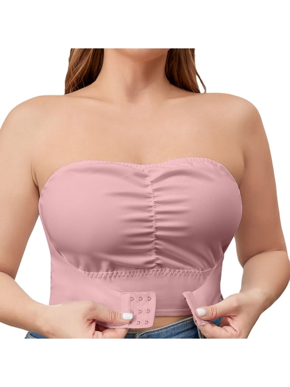 ,Women's Seamless Front Hook Closure Bandeau Non- Padded Bras Comfort Bralettes Sexy Removable Strap Tube Tops Rose Gold L