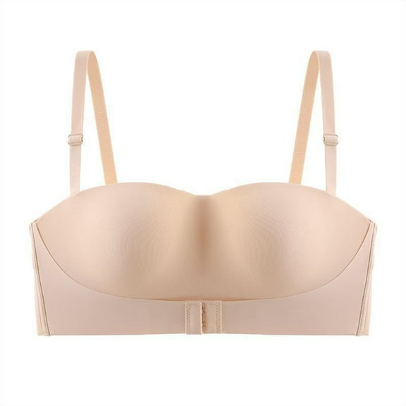 khonts,Women's Seamless Front Hook Closure Bandeau Wireless Strapless Push up Backless Tube Tops Breathable Removable Strap Everyday Bralettes Beige 36